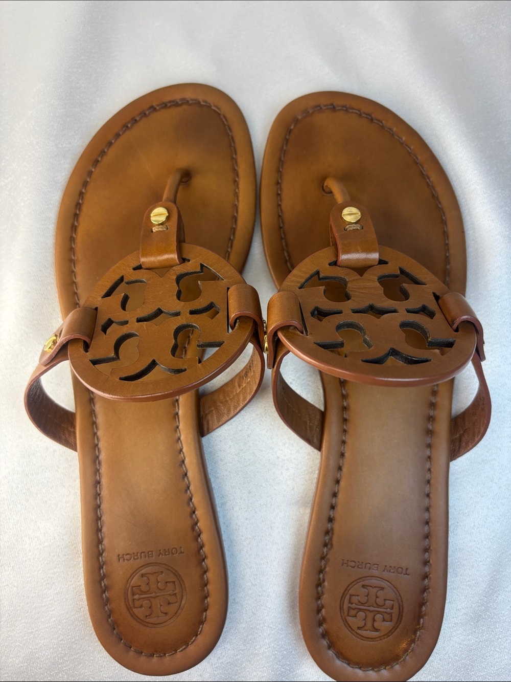 Tory Burch Miller Leather Logo Thong Sandals in Cognac Brown with Gold Accents - Picture 6 of 10